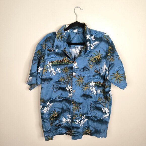 PalmWave Vintage Men's Hawaiian Palm Tree Waves Holiday Resort Aloha Shirt 2XL - Picture 2 of 9